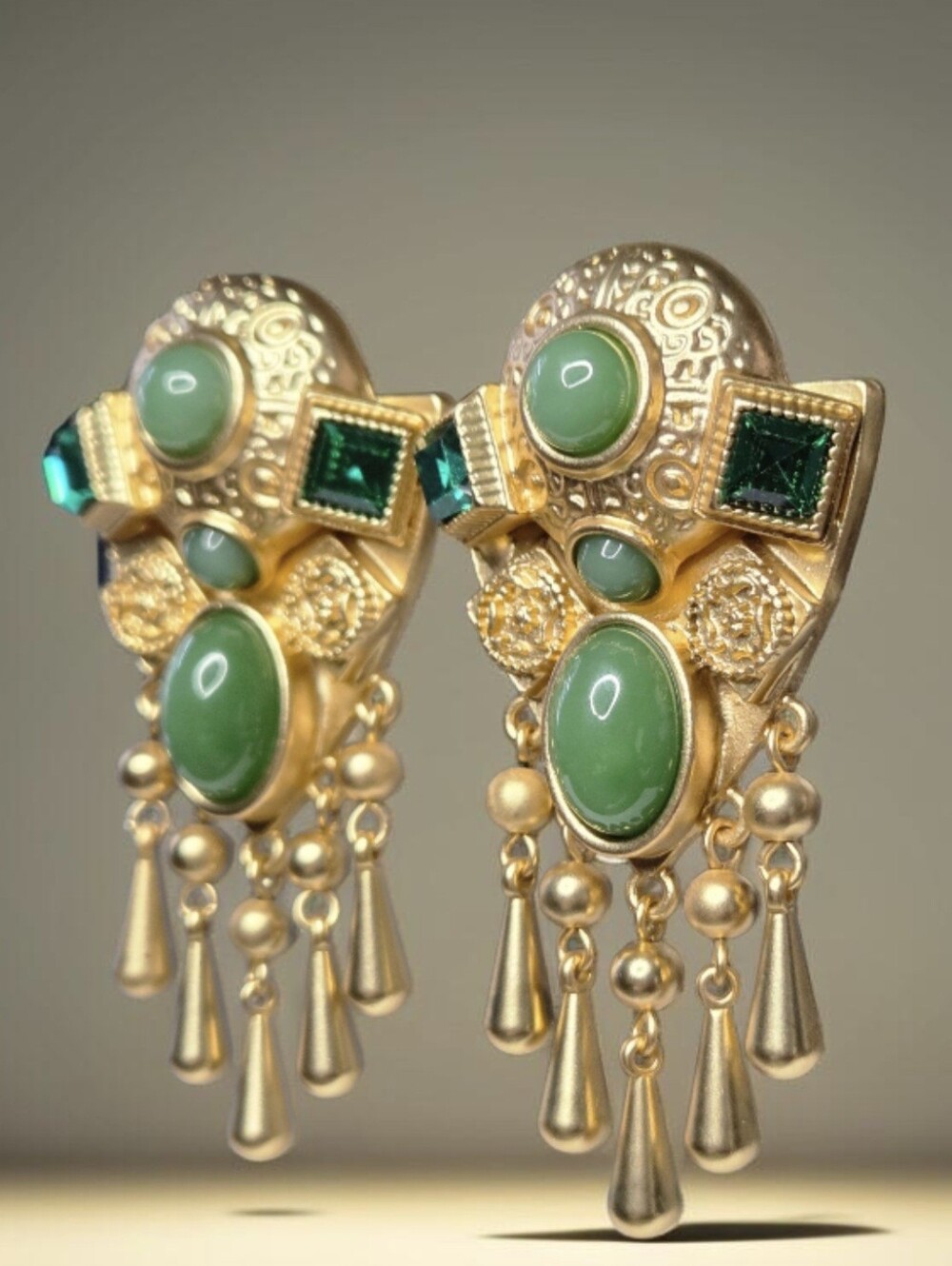 Matte Gold Plated Chunky Ornate Byzantine Glass Cabochon Crystal Dangle Earrings - Picture 2 of 6